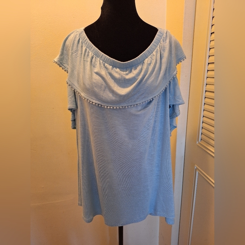 Lane Bryant Light Blue Cold Shoulder Blouse Ruffle Pom-Pom Trim